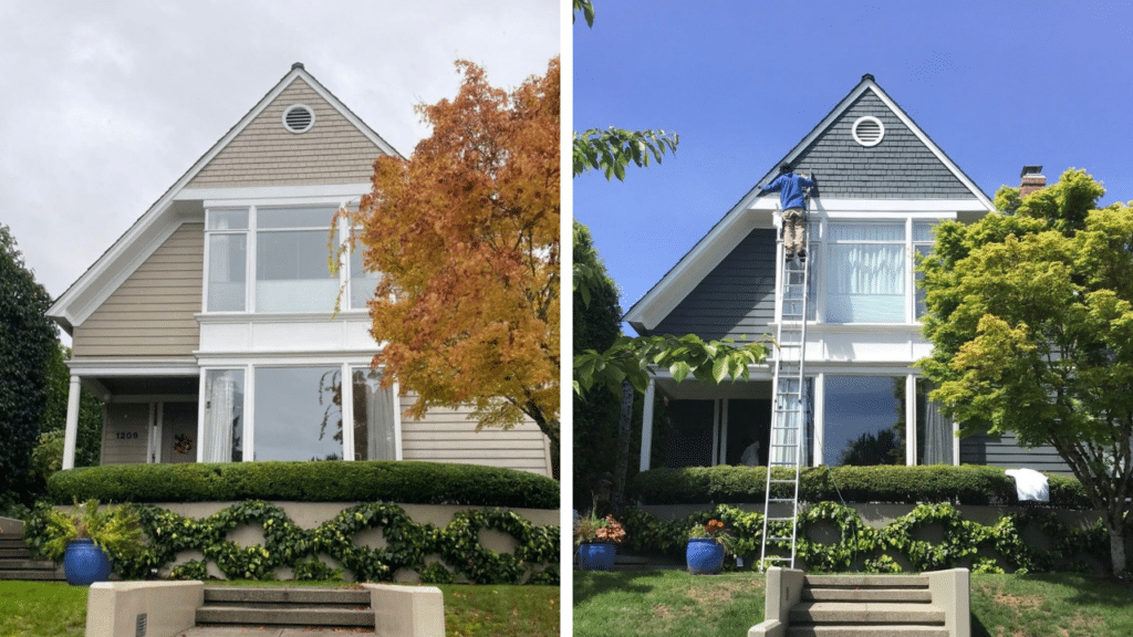 Before and after photos of an exterior painting project completed by Sound Painting Solutions