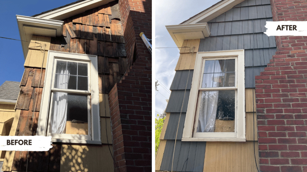 Before and after photo of wood rot repaired by Sound Painting Solutions