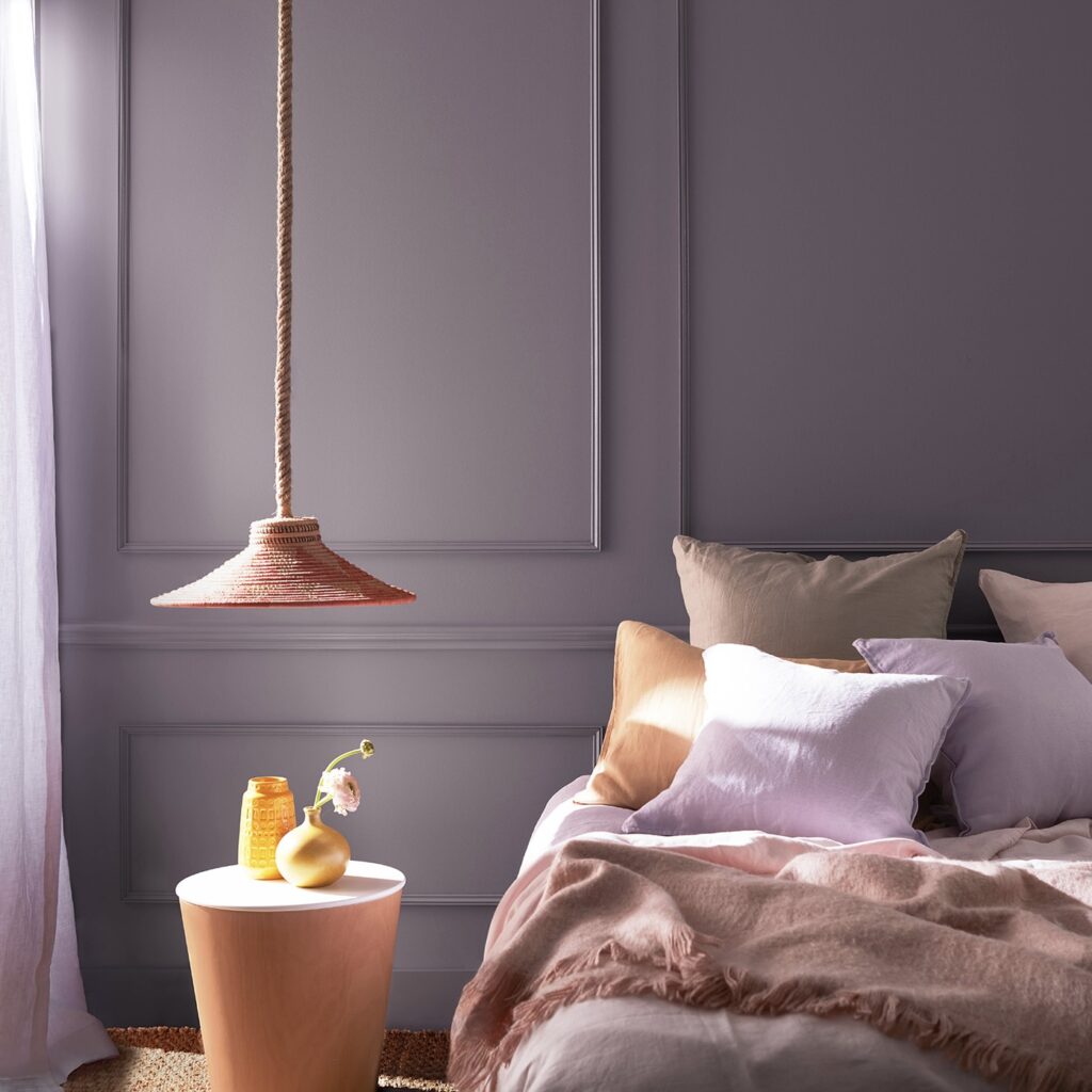 Bedroom wall painted using Benjamin Moore's color Hazy Lilac